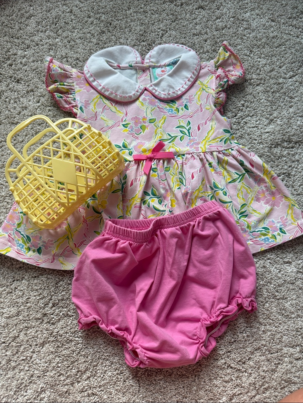 Toddler Floral Pink Dress Set with Bloomers and jelly tote